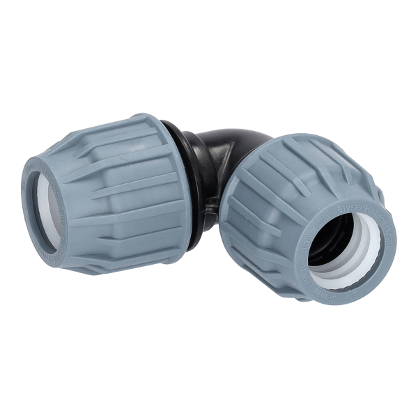 PP-Klemmkupplung mit schwarzem Fittingkörper und blauer Verschraubung vor weißem Hintergrund. Die Darstellung dient als neutrales Produktfoto und repräsentiert eine beliebige Ausführung der Klemmkupplungsserie.